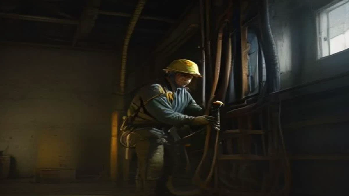 A technician connecting a network cable to a mining machine in a clean facility